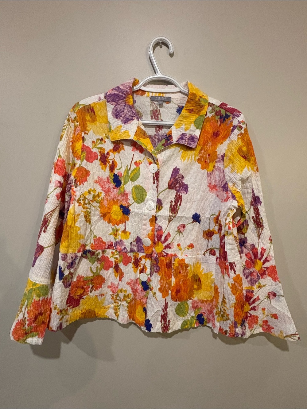 Habitat White Floral Button-Front Blouse with Yellow & Purple Blooms